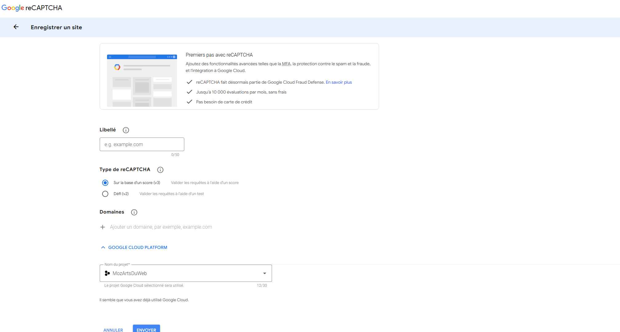 'Enregistrer un site sur la console reCAPTCHA'